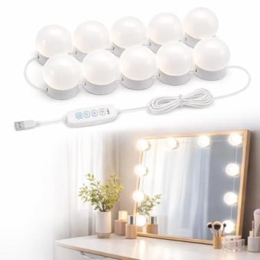 Imagem de Kit Iluminação LED para Espelho Camarim com 10 Lâmpadas Globo, Luz Branca Uniforme, USB, para Maquiagem, Selfies e Gravações