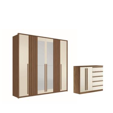 Imagem de Kit Guarda Roupa 6 Portas Espelho Cômoda Cotia Jatoba Areia