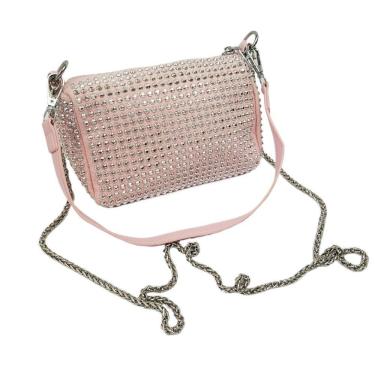 Imagem de Bolsa Feminina Transversal Pequena Strass Brilho Alça De Corrente Festa Casamento Balada rosa
