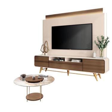 Imagem de Estante Home Theater Nobre Off White Castanho E Mesa De Centro Sky Com Tampo De Vidro Castanho – Hb Móveis