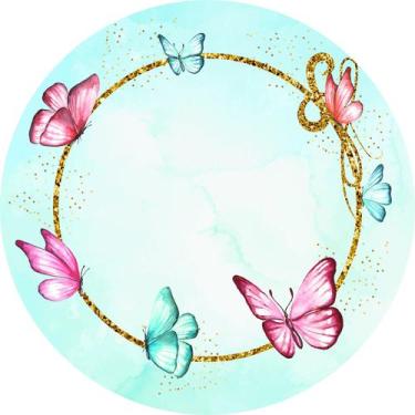 Imagem de Painel de Lona Redondo Borboletas Azuis e Rosas Glitter - Fabrika De F