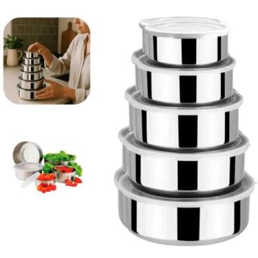 Imagem de Conjunto 5 Potes Inox Com Tampa Cozinha Despensa Geladeira - Tatudeboa
