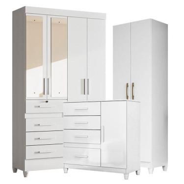 Imagem de Guarda Roupa com Espelho Infantil Sobral com Cômoda Vênus com pés e Armário Multiuso New Íris Branco Brilho – Moval