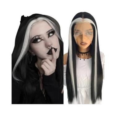 Imagem de Peruca Sintética Frontal De Renda Ombre Com Mechas Pretas E Brancas, S