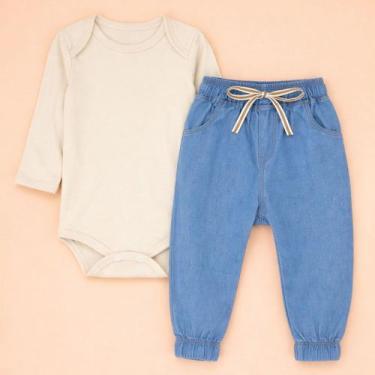 Imagem de Conjunto Bebê Body Longo e Calça Jogger Jeans para Passeio Cor:BegeTam