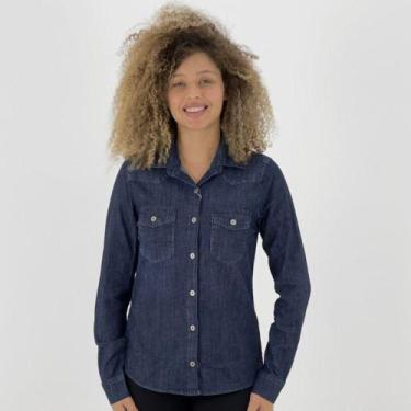 Imagem de Camisa Cris Jeans Manga Longa Jeans Feminina, P, Jeans escuro