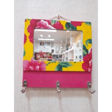Imagem de Suporte para Chaves floriado com espelho 3 Pinos 20x20,5x5cm - Toque d