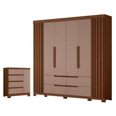 Imagem de Kit Guarda Roupa Doble Casal 6 Portas e Cômoda Sapateira Olimpia 4 Gavetas MDP Nogueira Capuccino Albatroz Móveis