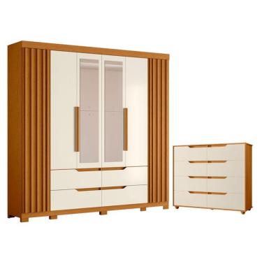 Imagem de Kit Guarda Roupa Doble 6 Portas com Espelho e Cômoda 8 Gavetas MDP Off White Albatroz Móveis