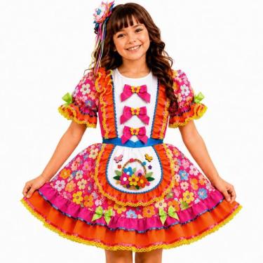 Imagem de Vestido Infantil Festa Junina Luxo Floral Rodado Roupa Caipira pra Men