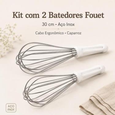 Imagem de Kit Batedor Fouet Inox Profissional 30cm Branco Fue Creme Clara 2 peça