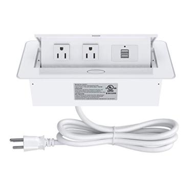 Imagem de Tira de energia pop-up, caixa de conectividade de cubo de energia de tomada elétrica embutida, soquete de mesa com 2 saídas e 2 portas de carregamento USB para mesa de conferência bancada, lista UL