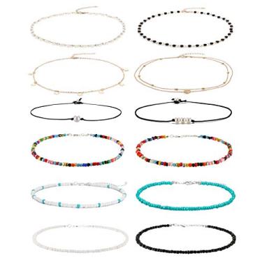 Imagem de Wremily 4 a 12 gargantilhas com contas para mulheres, conjunto de gargantilhas com contas de sementes boêmias, havaianas, feitas à mão, turquesa, praia, joias, corrente, Liga metálica, miçangas