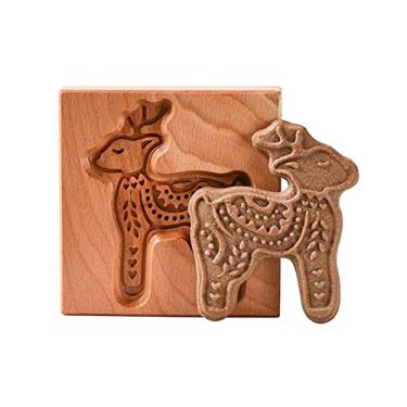 Imagem de Molde de biscoito de madeira, moldes de gravação esculpidos em 3D, cortador de biscoito de festa de Halloween de Natal familiar, ferramenta de cozimento de decoração de artesanato, veados