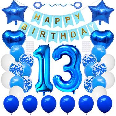 Imagem de Huture 13 suprimentos de festa de aniversário azul número 13 balão de folha feliz aniversário banner kit decoração de aniversário de 13 anos branco azul látex confete balão folha estrela balão ótimo presente para meninas meninos aniversário