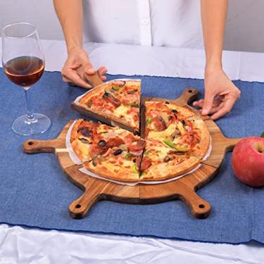 Imagem de Conjunto de pratos redondos de pizza de bambu de 30,5 cm, 6 peças de pratos de torta de pizza triangulares de bambu de 15 cm, travessa redonda empilhável de madeira para pizza conjunto de tábua de bambu