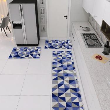 Jogo Tapetes 3 Peças de Cozinha Antiderrapante Mosaico Azul Kit Decoração  Moderna