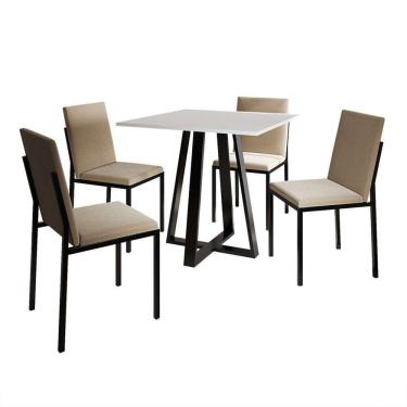 Imagem de conjunto de mesa de jantar com tampo branco e 4 cadeiras mônaco veludo bege e preto