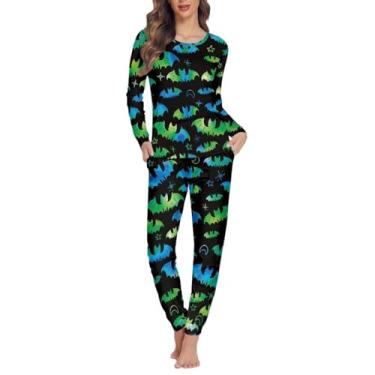 Imagem de Gzzxiailg Conjunto de pijama feminino de 2 peças, roupa de dormir de manga comprida com calça comprida, roupa de dormir de duas peças, tamanho PP-6GG, Morcegos verdes, G