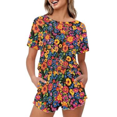 Imagem de ZWPINITUP Conjuntos de roupas de 2 peças conjunto curto feminino de duas peças roupa de verão agasalho de manga curta para o verão, Flores coloridas, G