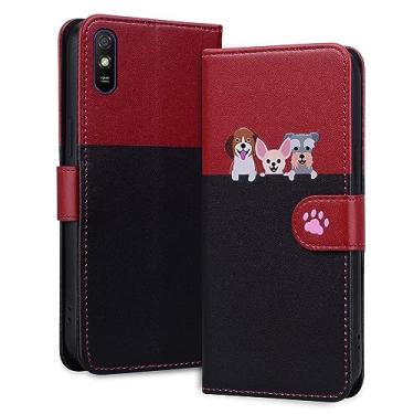 Imagem de Rnrieyta Miagon Capa para Xiaomi Redmi 9A, capa de desenho animado animal cão gato bonito suporte dobrável couro PU emendado carteira flip capa protetora com compartimentos para cartões, preto