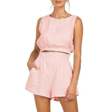 Imagem de Conjunto de duas peças de cor sólida para mulheres, shorts com bolsos na cintura e regata com gola, roupas casuais de verão/1385 (Color : Pink, Size : 2XLarge)