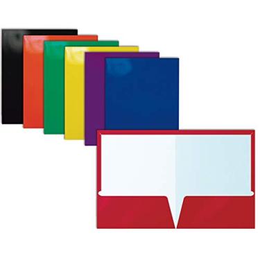 Imagem de Pasta de papel laminada brilhante com 2 bolsos, cores sortidas, tamanho de carta, carteiras de papel da Better Office Products, caixa com 25 pastas de cores sortidas (sem pinos)