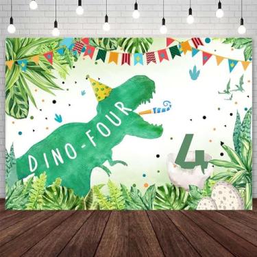 Imagem de AIBIIN Dinossauro de 2,1 x 1,5 m, cenário de aniversário de 4 anos, feliz dinossauro, fundo fotográfico, floresta, folhas de palmeira, bandeira, 4 anos, decoração de festa de aniversário, banner,