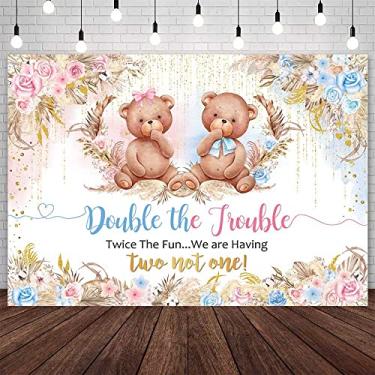 Imagem de AIBIIN 2,1 x 1,5 m Double The Trouble Twice The Fun We are Having Baby Shower Pano de fundo para fotografia de chá de bebê com gêmeos, urso revelação de gênero, faixa de festa, suprimentos de estúdio