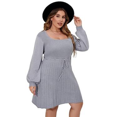Imagem de Vestido feminino plus size casual gola quadrada manga lanterna longa gravata cintura pulôver pulôver solto, Cinza, XGG