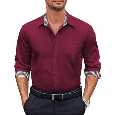 Imagem de COOFANDY Camisa social masculina de negócios manga longa ajuste regular camisa de algodão casual camisa de botão, Vinho tinto, M