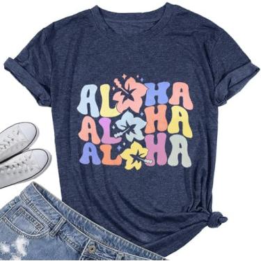 Imagem de Camiseta feminina havaiana de férias de verão estampa floral tropical camiseta de festa de cruzeiro na praia roupa atlética, Azul marinho, GG