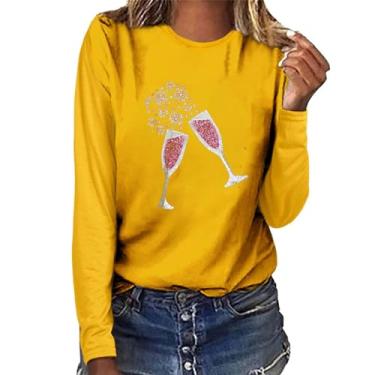 Imagem de Moletom feminino gráfico Love Love Heart Graphic Camiseta gola redonda solta pulôver manga longa, Amarelo, G