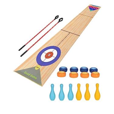 Imagem de JstFrU Jogo de mesa portátil de Shuffleboard interno, jogo de curling e jogo de boliche, jogo de tabuleiro 3 em 1, com tapete de jogo de 11,7 pés, 2 tacos, 8 pedras de ondulação, 6 pinos de boliche,