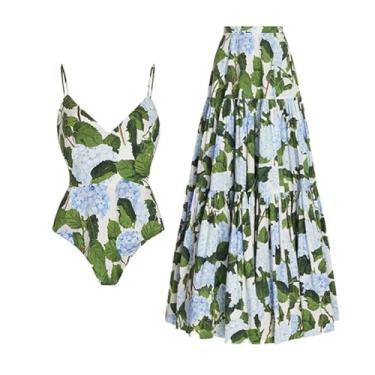 Imagem de OLEMEK Maiô feminino de 2 peças, maiô de praia com estampa floral, biquíni tropical com saia envolvente, Folhas verdes, G
