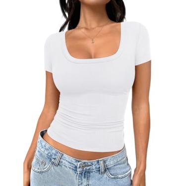 Imagem de Trendy Queen Camisetas femininas com gola canoa e malha canelada para sair, roupas básicas para primavera e verão, Branco, G