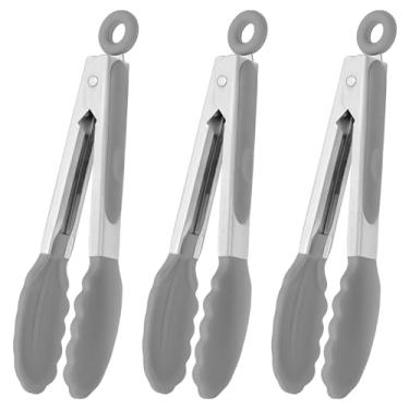 Imagem de HINMAY Pinças pequenas com pontas de silicone, mini pinças de alimentos de aço inoxidável de 18 cm, conjunto de 3 (cinza)