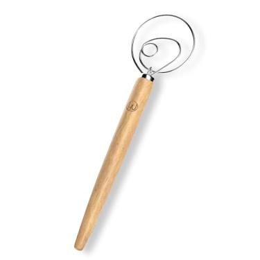 Imagem de LHU Batedor holandês dinamarquês original premium para melhores receitas de massa e massa de pão, aço inoxidável/madeira de faia, inclui escova de limpeza, grande, 34 cm de comprimento