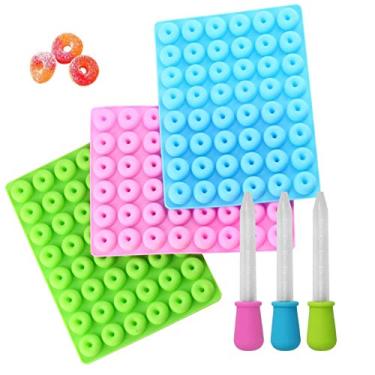Imagem de Pacote com 3 moldes de silicone mini donut, moldes de geleia de chocolate doce de grau alimentício LIUDHPSP com 3 conta-gotas (azul, verde, rosa)