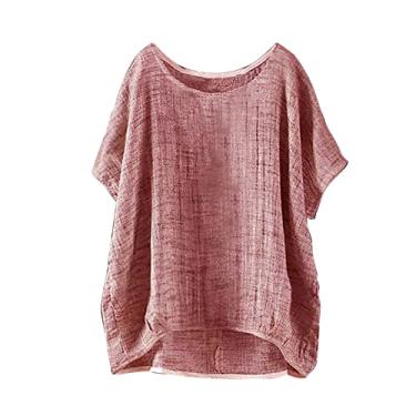 Imagem de Camiseta feminina, manga curta, de linho, cor sólida, gola redonda, caimento solto, casual, túnica, camisa de verão, Vermelho, 4G