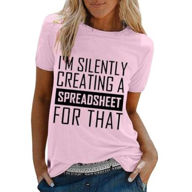 Imagem de Camiseta feminina gola redonda com estampa de letras, caimento solto, manga curta, casual, moderna, túnica, camisa de verão, Azul claro, M