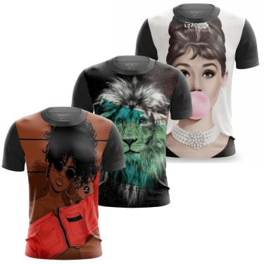 Imagem de Kit 3 Camisa 3D Camiseta Estampada Masculina de leao Casual Morena Chiclete-Masculino