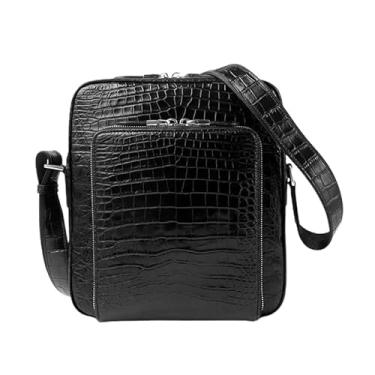 Imagem de Bolsa tiracolo masculina de couro de crocodilo genuína, estilo empresarial, pequena, bolsa carteiro de couro de jacaré autêntica, Preto, 23cm(Length) x 25cm(Height) x 9cm(Deep)
