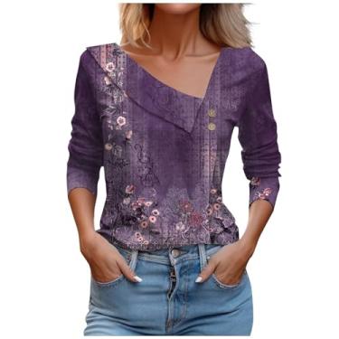 Imagem de Camiseta feminina com estampa floral vintage assimétrica com botão de lapela e manga comprida, Roxa, M
