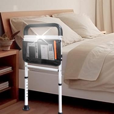Imagem de Trilhos de cama para adultos idosos segurança com luz de movimento alturas ajustáveis suporte de bolso de armazenamento grade lateral para idosos desliza sob a cama barras de alça de cama (branco com