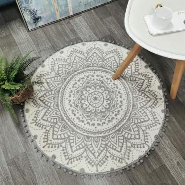 Imagem de Uphome Boho Tapete redondo para quarto, 9,5 m, círculo bege e cinza, tapete de banheiro com franja de pompons, lavável, mandala, acento, tapete antiderrapante macio para entrada, sala de estar, sofá,