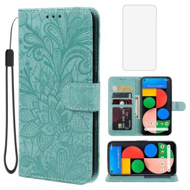 Imagem de Gufuwo Capa para Pixel 5, capa carteira Google 5 GD1YQ com protetor de tela de vidro temperado, flor de renda couro PU flip porta-cartão de crédito capa para celular para Google Pixel 5 verde