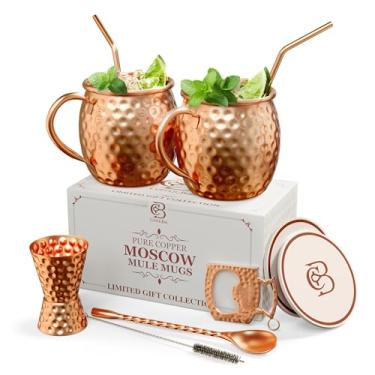 Imagem de COPPER-BAR Canecas de cobre Moscow Mule - Conjunto exclusivo de 2 presentes, martelado por artesão, copos de cobre sólido 100% puro de 473 ml para água potável e coquetéis, inclui 12 acessórios e