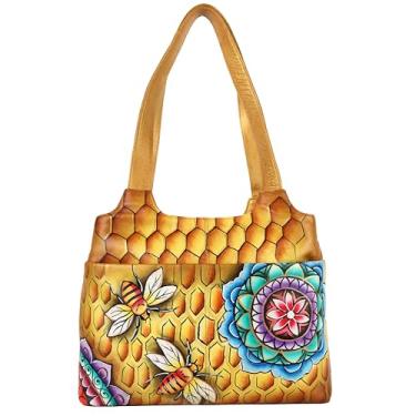Imagem de MAWESHI - Bolsa feminina de couro original pintada à mão com compartimento triplo, Abelha dourada, 13.5 Inches