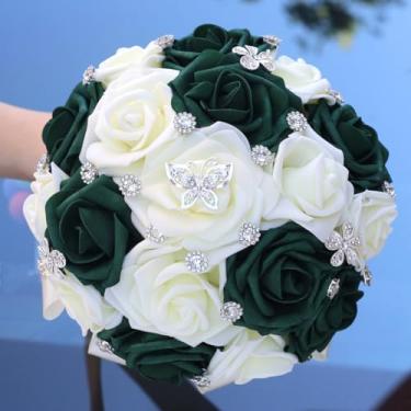 Imagem de SuiHyung Buquê de flores artificiais verde-escuro e branco leite, 20 cm (19,8 cm) simulação de PE rosa buquê de noiva para festa de casamento, suprimentos de decoração de dama de honra, flor de mão